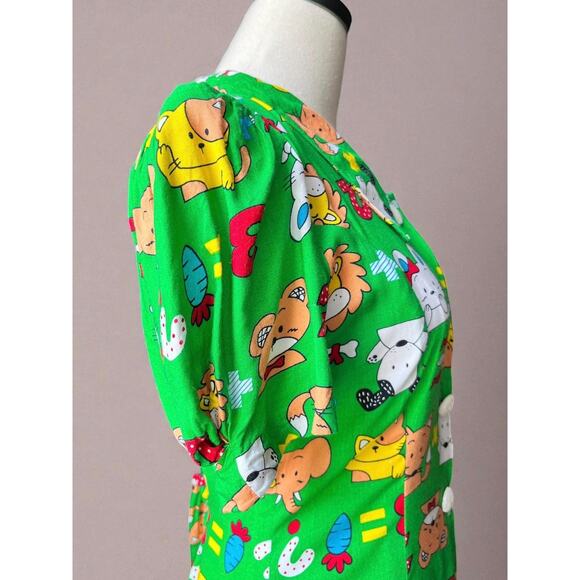Vintage 80s Novelty Print Dress | Cartoon Kawaii Puff Sleeve Button-Front | S/M - Picture 4 of 9